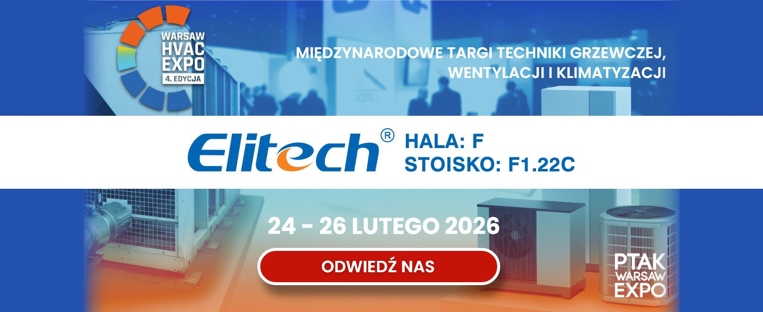 Baner Elitech Polska na Warsaw HVAC Expo 2026 — hala F, stoisko F1.22C, 24-26 lutego 2026